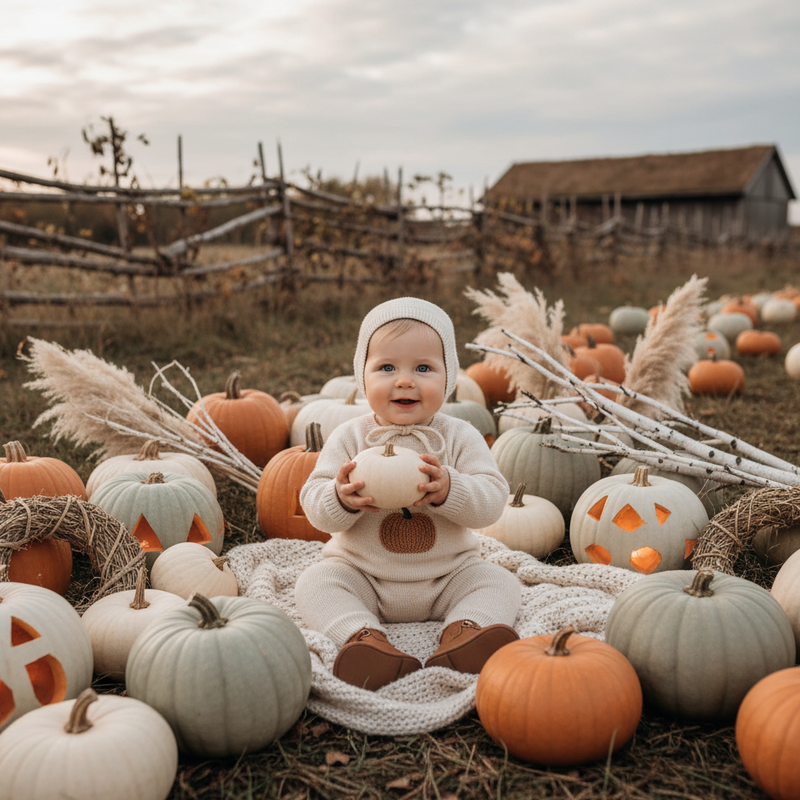 Smiling baby in a beige knit outfit sitting among pumpkins on a blanket outdoors, celebrating a cozy autumn Halloween scene.