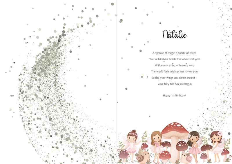Inside view of personalised fairy birthday card with whimsical poem and a row of illustrated fairies and snails near mushrooms, addressed to 'Natalie'.