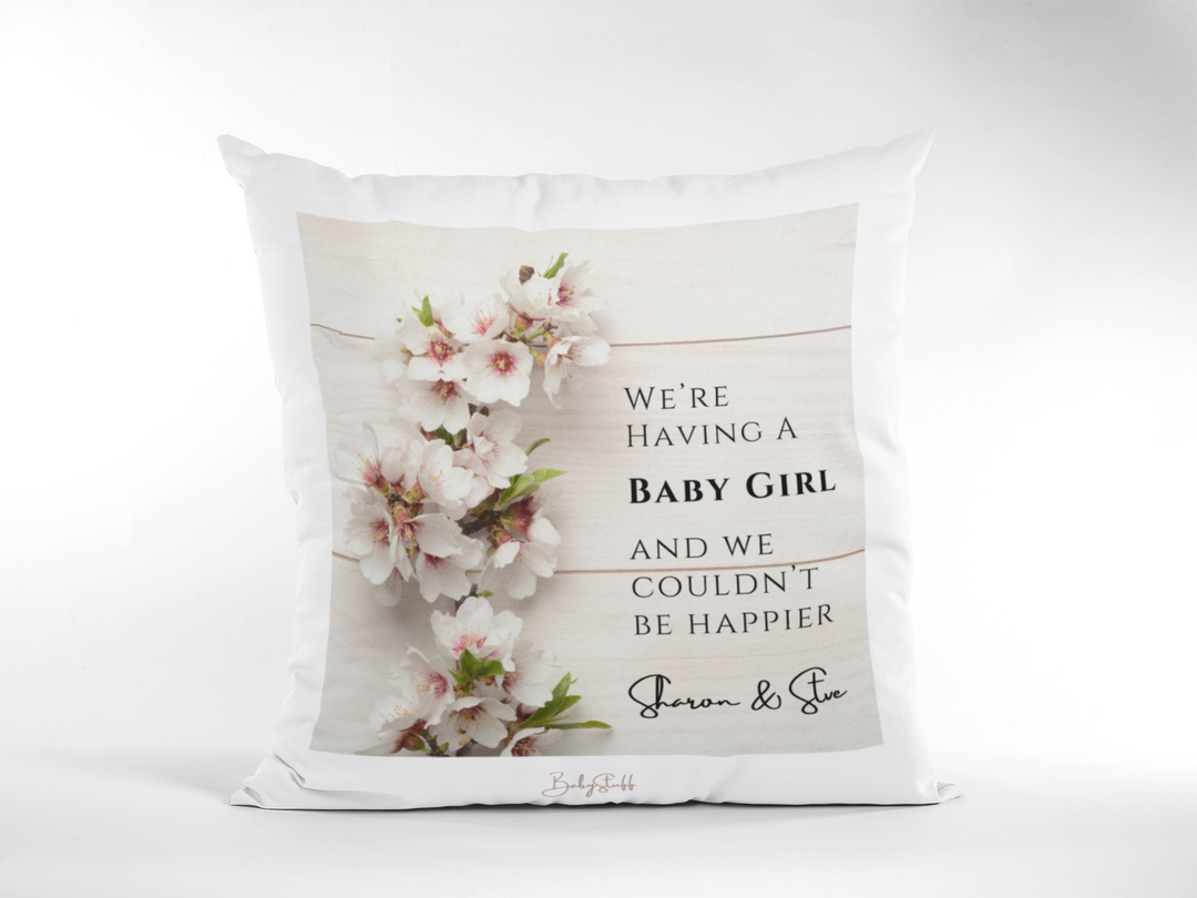 Blossoming Joy Baby Girl Announcement Cushion
