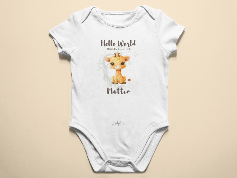 "Hello World” Giraffe Edition Baby Grow | Short Sleeve Baby Grows by  – ["Baby Grow","Hello World","Personalised"] from BabyStuff.com.mt