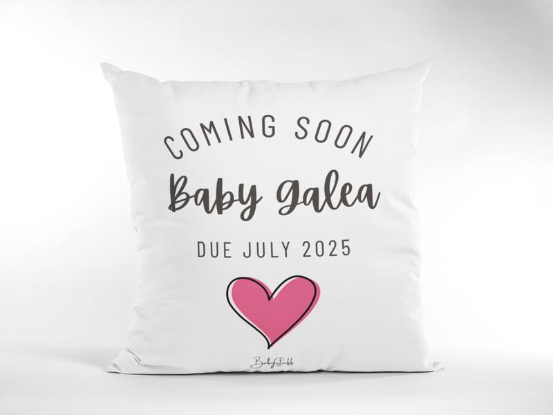 Pink Heart "Coming Soon" Cushion | Gifting & Nursery Cushions by  – ["Coming Soon","Cushion","Personalised","Photo Prop"] from BabyStuff.com.mt