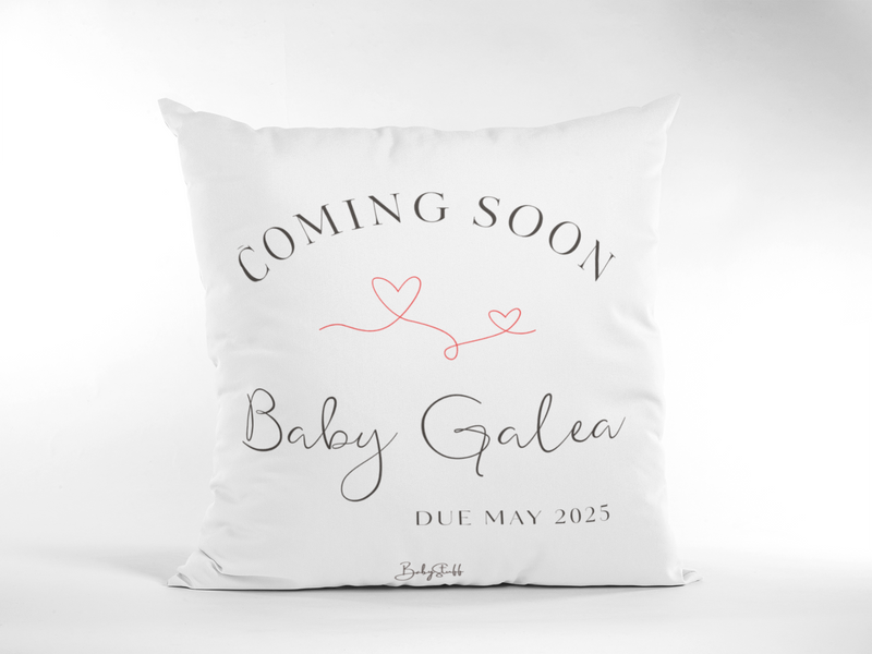 Double Heart "Coming Soon" Cushion | Gifting & Nursery Cushions by  – ["Coming Soon","Cushion","Personalised","Photo Prop"] from BabyStuff.com.mt