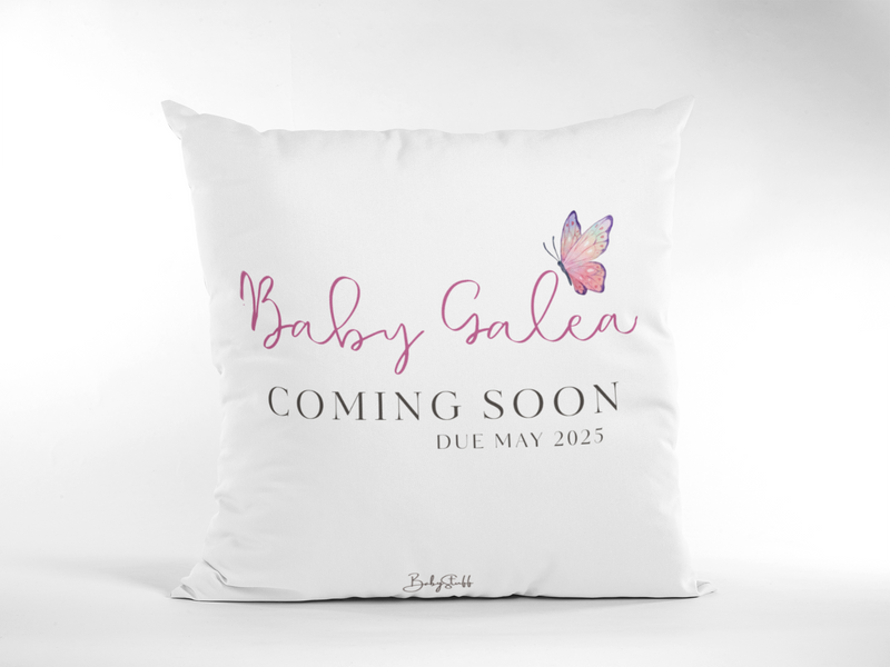 Butterfly Bliss "Coming Soon" Cushion | Gifting & Nursery Cushions by  – ["Coming Soon","Cushion","Personalised","Photo Prop"] from BabyStuff.com.mt