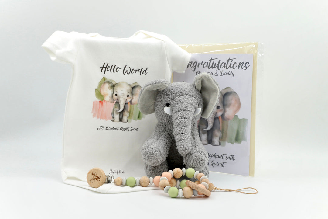 hello world baby outfit with elephant toy