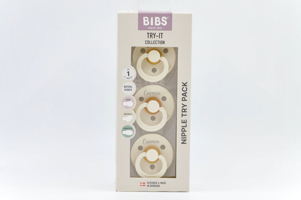 Personalised BIBS Try-It Collection in ivory with name Carmen, featuring three natural rubber pacifiers in round, anatomical, and symmetrical nipple styles, size 1 for 0+ months