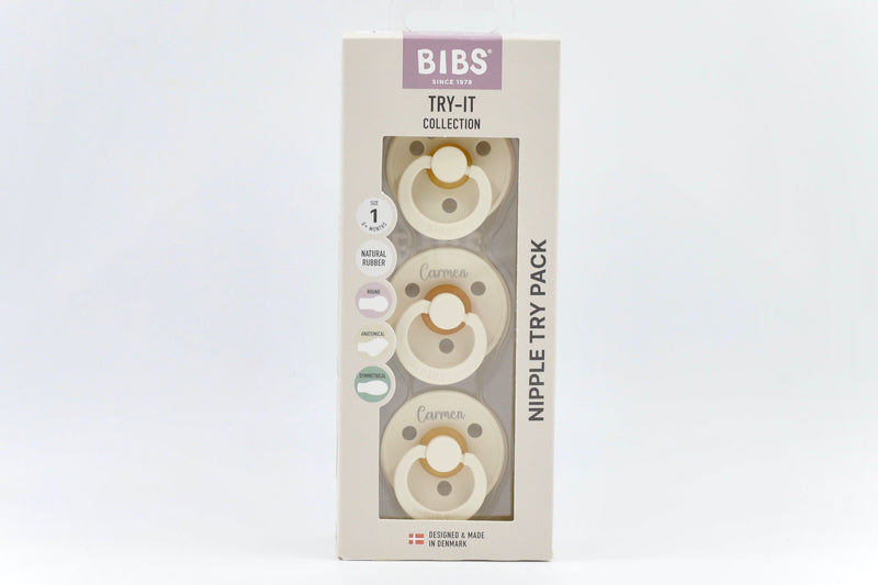 Personalised BIBS Try-It Collection in ivory with name Carmen, featuring three natural rubber pacifiers in round, anatomical, and symmetrical nipple styles, size 1 for 0+ months