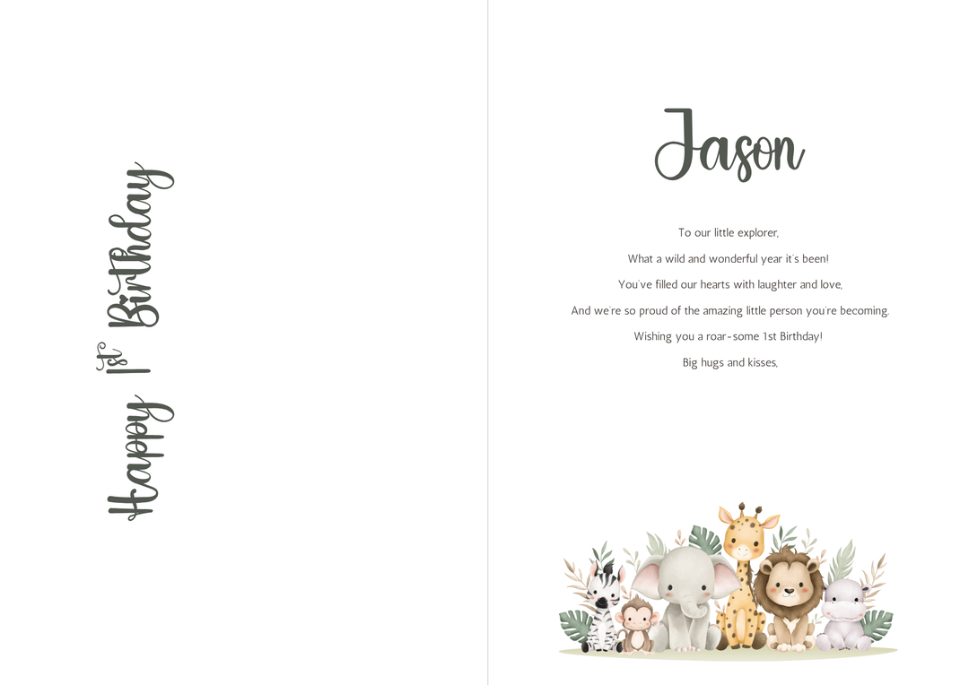 Inside view of Safari Friends First Birthday Card with heartfelt birthday message and illustrated group of jungle animals including a lion, giraffe, zebra and elephant.