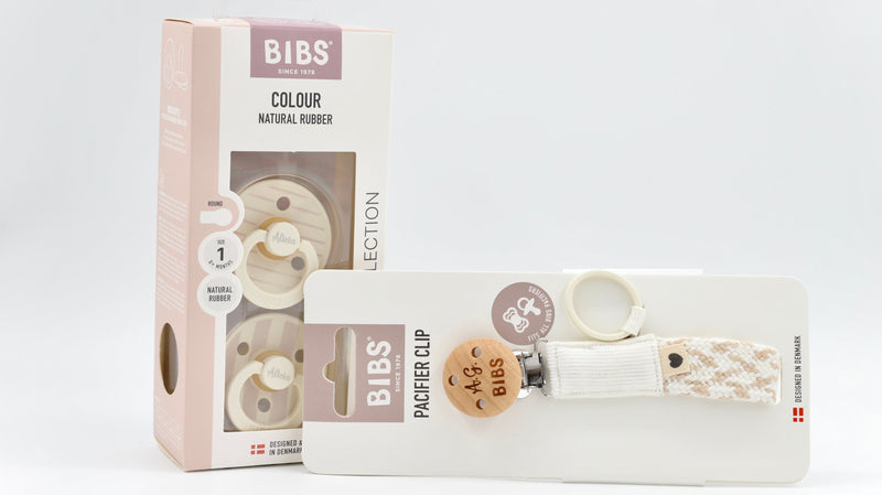BIBS "Personalised" Pacifier Studio Colour Twin Pack pin & Pacifier Clip - Vanilla Ivory Mix |  by  – ["BIBS","Pacifier Set","Personalised"] from BabyStuff.com.mt