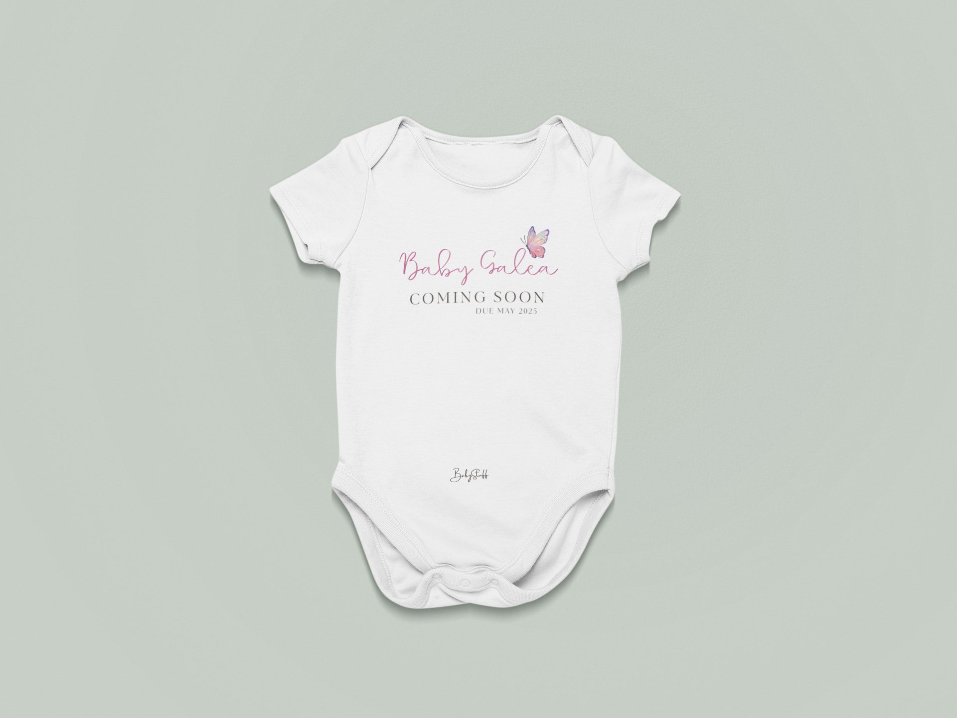 Butterfly Bliss "Coming Soon" Baby Grow | Short Sleeve Baby Grows by  – ["Baby Grow","Coming Soon","Personalised","Photo Prop"] from BabyStuff.com.mt
