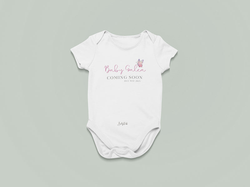 Butterfly Bliss "Coming Soon" Baby Grow | Short Sleeve Baby Grows by  – ["Baby Grow","Coming Soon","Personalised","Photo Prop"] from BabyStuff.com.mt