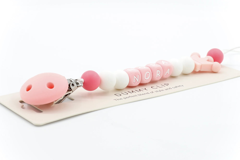 Mono-Crown personalised dummy clip in pink and white with silicone beads and crown detail, name NORA
