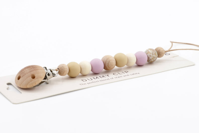 Velvet Sands Dummy Chain in soft lilac and neutral tones, featuring a mix of silicone and wooden beads with a natural wood clip, displayed on branded card.