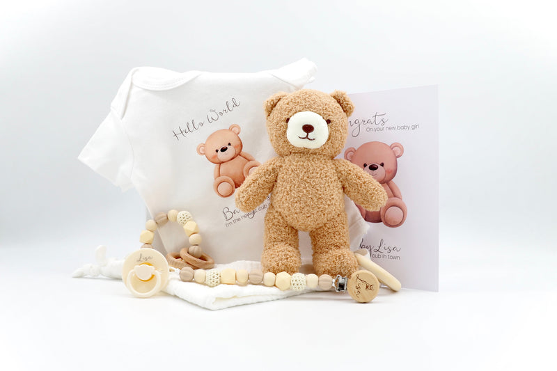 hello world baby outfit with teddy bear