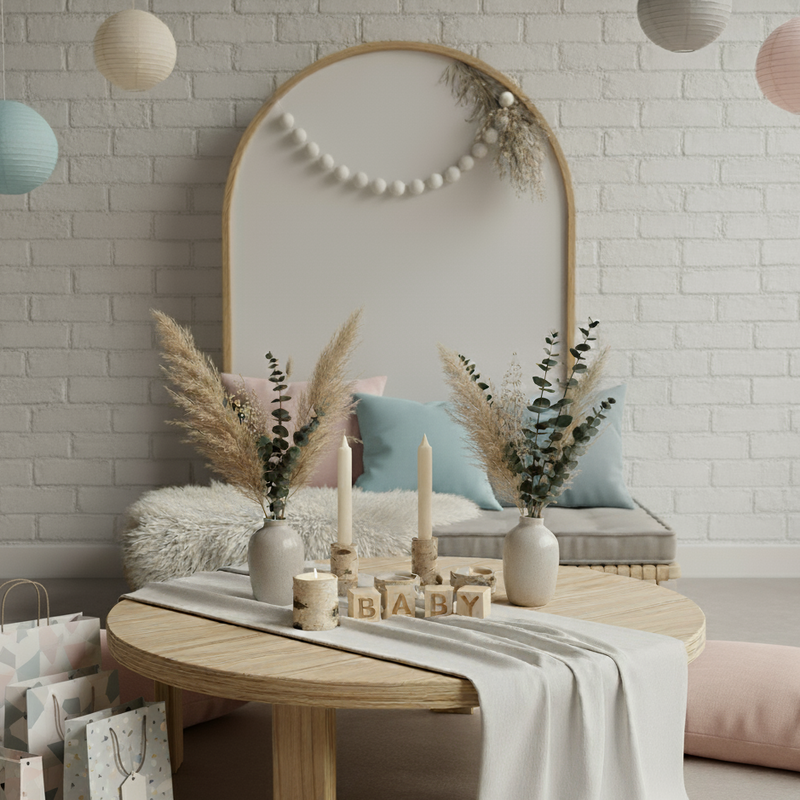 Minimalist baby shower setup with a wooden table, neutral candles, vases with pampas grass, and wooden “BABY” blocks in a cozy modern room.