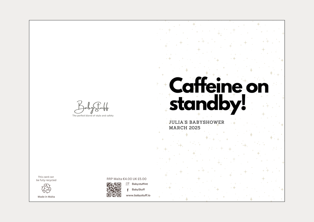 "Caffeine on standby!" Personalised Card | Celebratory Cards by  – ["Baby Shower","Baby Shower Card","Personalised"] from BabyStuff.com.mt