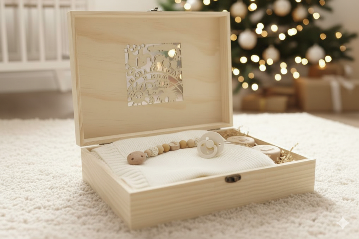 Wooden baby memory box with pacifier, beaded clip, and white blanket, and 2 mini keepsake boxes inside, set on carpet near Christmas tree with warm lights.