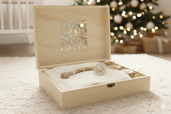 Wooden baby memory box with pacifier, beaded clip, and white blanket, and 2 mini keepsake boxes inside, set on carpet near Christmas tree with warm lights.