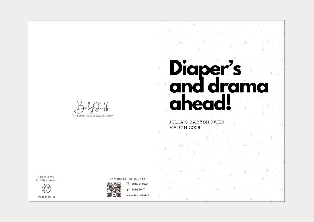 "Diapers and Drama Ahead!" Personalised Card | Celebratory Cards by  – ["Baby Shower","Baby Shower Card","Personalised"] from BabyStuff.com.mt