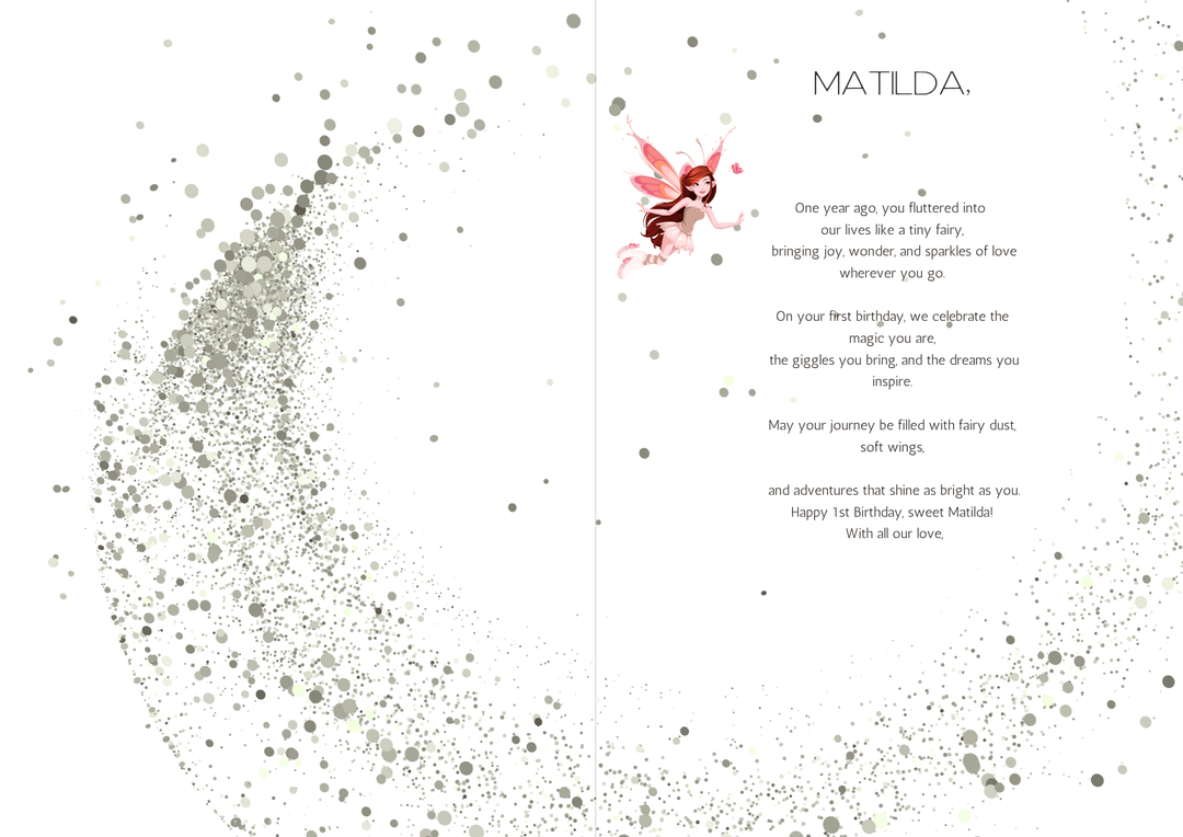 Inside view of a personalised birthday card featuring a fairy illustration and a heartfelt birthday poem for a child named Matilda. The card is decorated with soft neutral sparkles and gentle dotted accents.