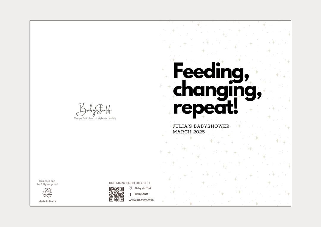 "Feeding, Changing, Repeat!" Personalised Card | Celebratory Cards by  – ["Baby Shower","Baby Shower Card","Personalised"] from BabyStuff.com.mt