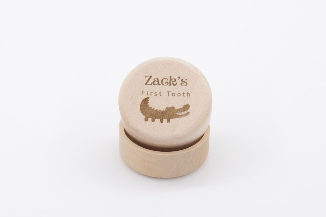 Wooden mini first tooth keepsake box with name and image of a crocodile engraved on it