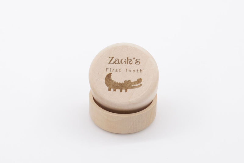 Wooden mini first tooth keepsake box with name and image of a crocodile engraved on it