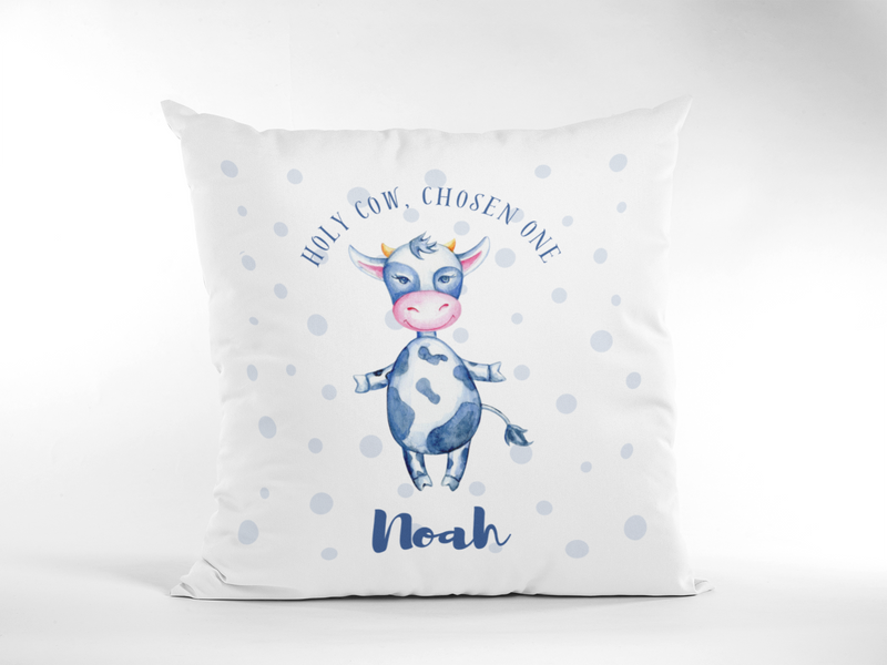 Mosaic Cow cushion baring slogan, "Holy Cow, Chosen one" and personalised baby name on white background