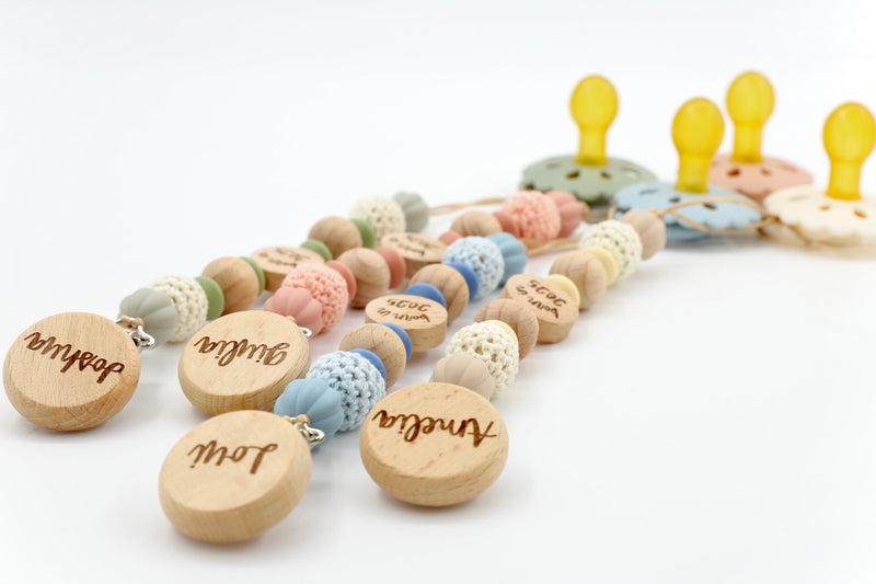 Personalised pacifier clip in soft pastel colors – baby gift from BabyStuff Malta