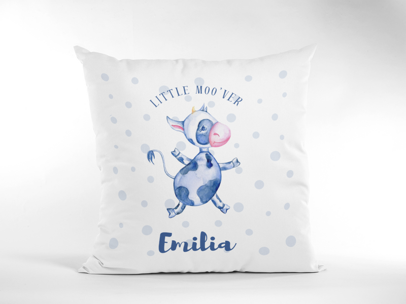 Mosaic Cow Cushion with slogan "Little Moo'ver" and personalised name on white background