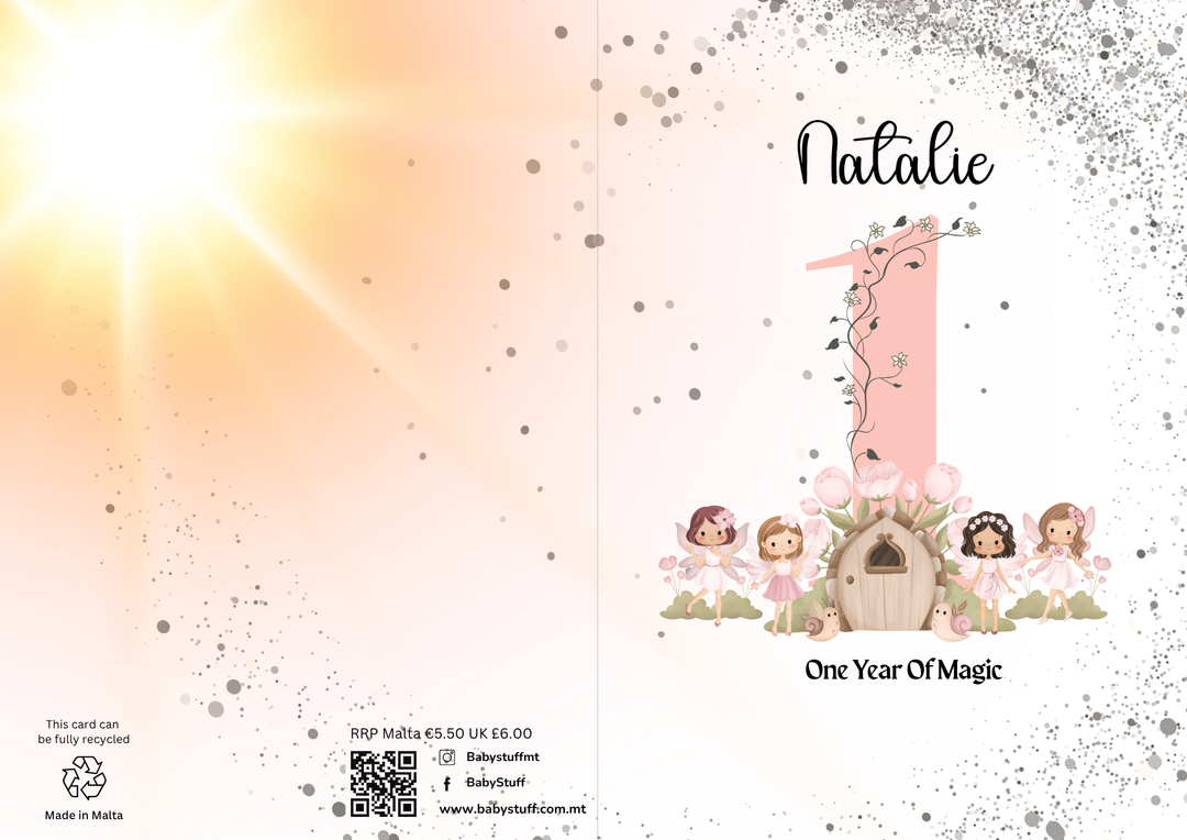 Personalised 1st birthday card featuring five cute fairies and mushrooms around a pink number one and fairy house, with name 'Natalie' and the phrase 'One Year Of Magic'.