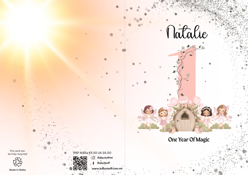 Personalised 1st birthday card featuring five cute fairies and mushrooms around a pink number one and fairy house, with name 'Natalie' and the phrase 'One Year Of Magic'.