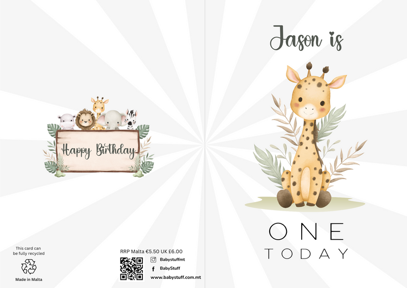 Personalised Safari Friends First Birthday Card featuring a giraffe on the front and jungle animals with Happy Birthday message on the back.