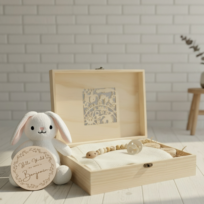 Personalised new baby gift set with a wooden memory box, soft toy bunny, and engraved “Hello World” plaque in a neutral, sunlit nursery setting.