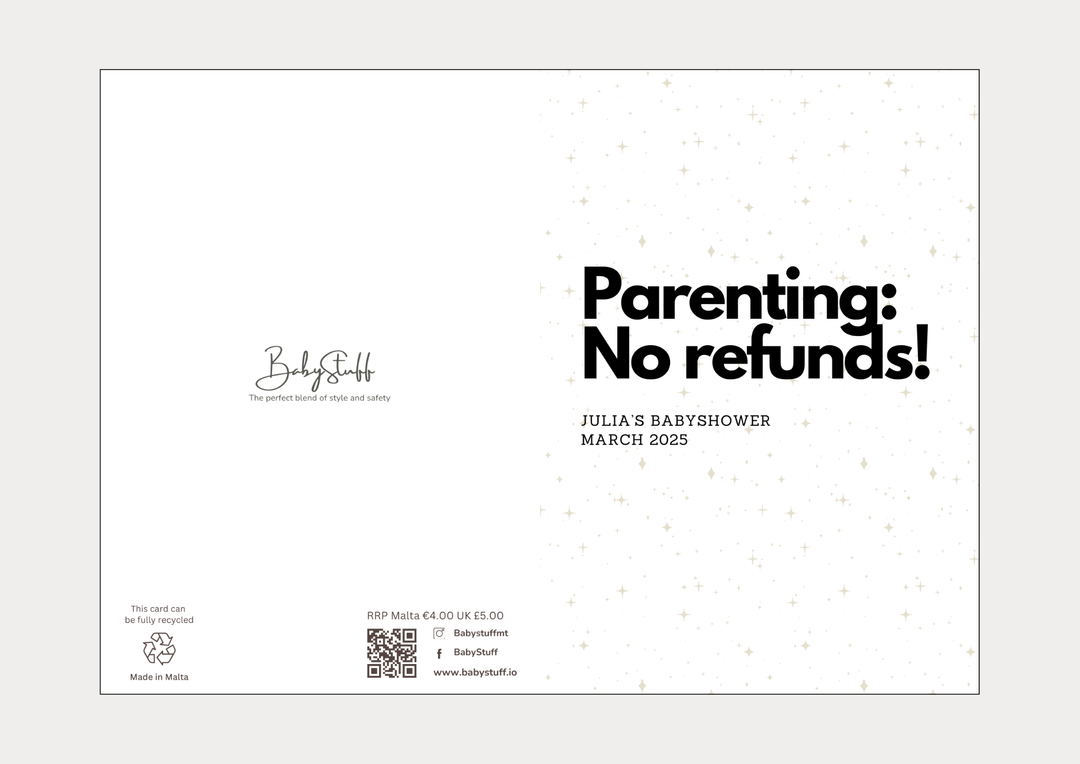 "Parenting: No Refunds!" Personalised Baby Shower Card | Celebratory Cards by  – ["Baby Shower","Baby Shower Card","Personalised"] from BabyStuff.com.mt