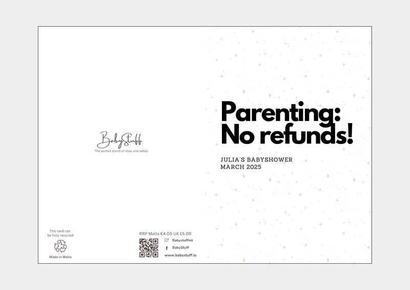 "Parenting: No Refunds!" Personalised Baby Shower Card | Celebratory Cards by  – ["Baby Shower","Baby Shower Card","Personalised"] from BabyStuff.com.mt
