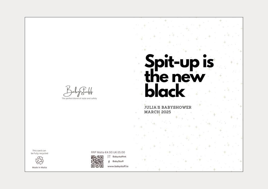 "Spit-up is the New Black" Personalised Baby Shower Card | Celebratory Cards by  – ["Baby Shower","Baby Shower Card","Personalised"] from BabyStuff.com.mt