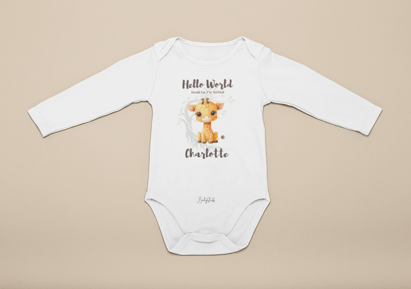 "Hello World” Giraffe Edition Baby Grow | Long Sleeve Baby Grow","Hello World","Personalised"] from BabyStuff.com.mt