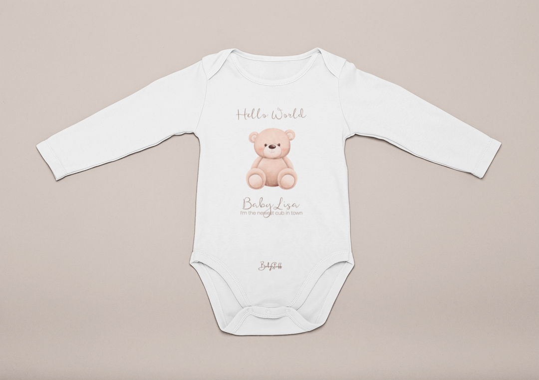 Long sleeve baby grow displaying personalised bear design and phrase "I'm the newest cub in town"