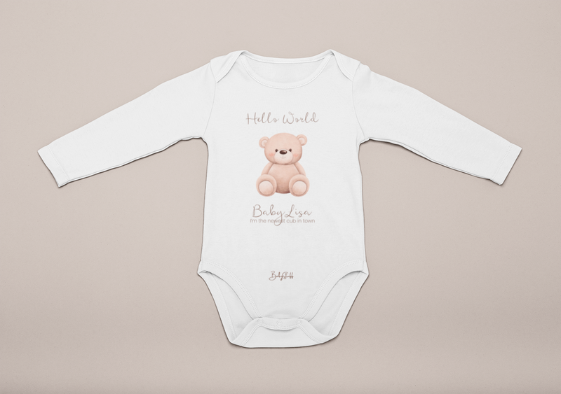 Long sleeve baby grow displaying personalised bear design and phrase "I'm the newest cub in town"