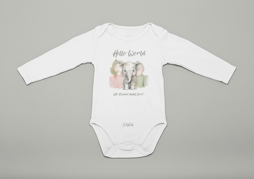 "Hello World” Little Elephant Edition Baby Grow | Long Sleeve Baby Grows by  – ["Baby Grow","Hello World","Not Personalised"] from BabyStuff.com.mt