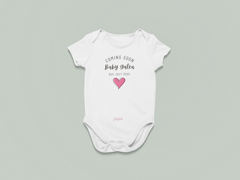 Pink Heart "Coming Soon" Baby Grow | Short Sleeve Baby Grows by  – ["Baby Grow","Coming Soon","Personalised","Photo Prop"] from BabyStuff.com.mt