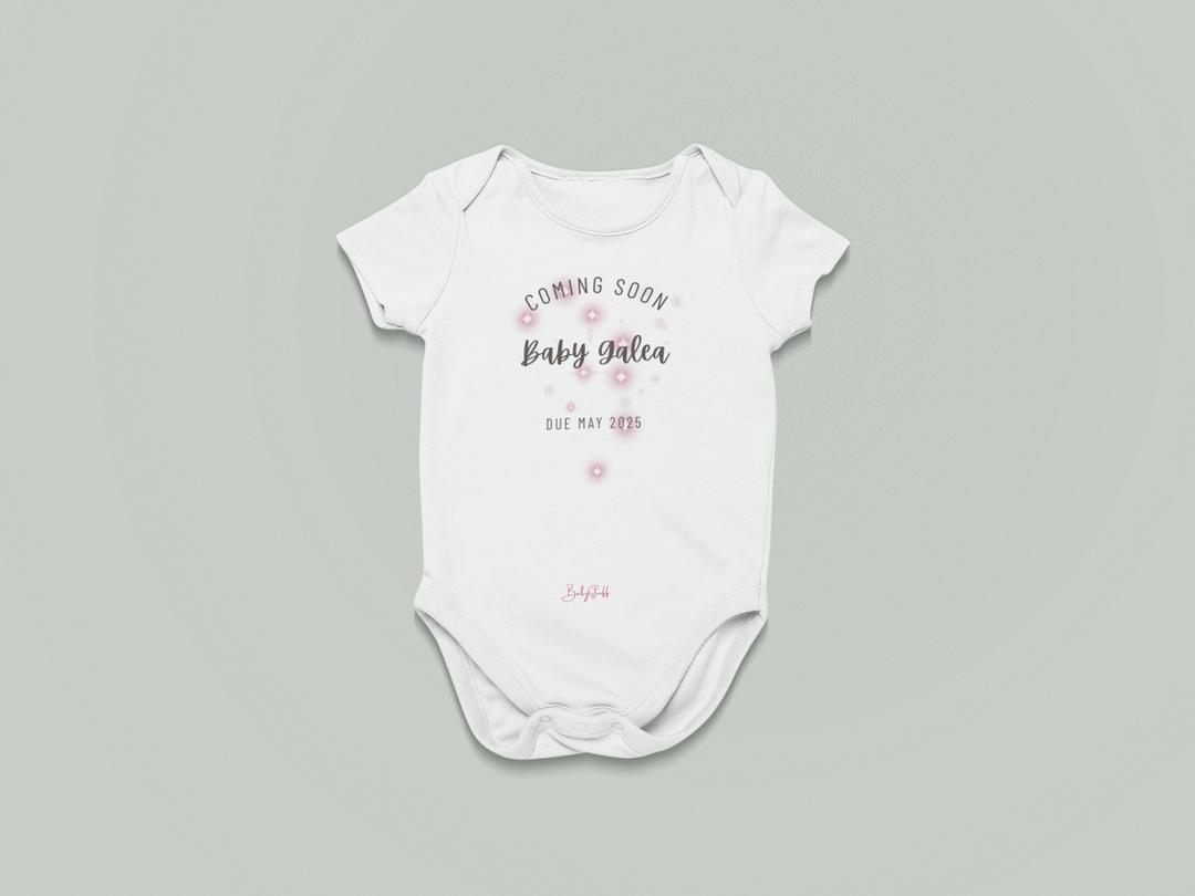 Sparkling Joy "Coming Soon" Baby Grow | Short Sleeve Baby Grows by  – ["Baby Grow","Coming Soon","Personalised","Photo Prop"] from BabyStuff.com.mt