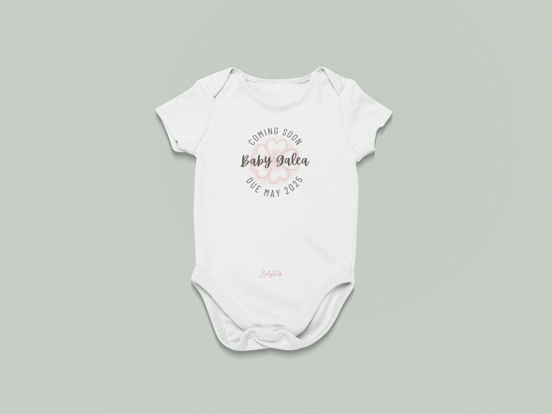 Blooming Flower "Coming Soon" Baby Grow | Short Sleeve Baby Grows by  – ["Baby Grow","Coming Soon","Personalised","Photo Prop"] from BabyStuff.com.mt