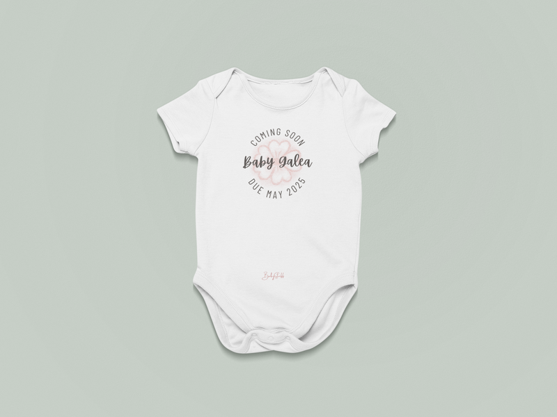 Blooming Flower "Coming Soon" Baby Grow | Short Sleeve Baby Grows by  – ["Baby Grow","Coming Soon","Personalised","Photo Prop"] from BabyStuff.com.mt