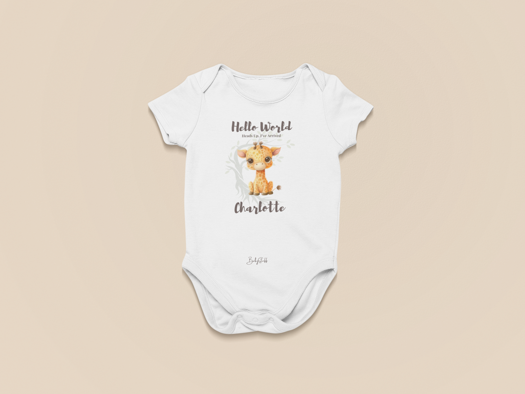 "Hello World” Giraffe Edition Baby Grow | Short Sleeve Baby Grow","Hello World","Personalised"] from BabyStuff.com.mt