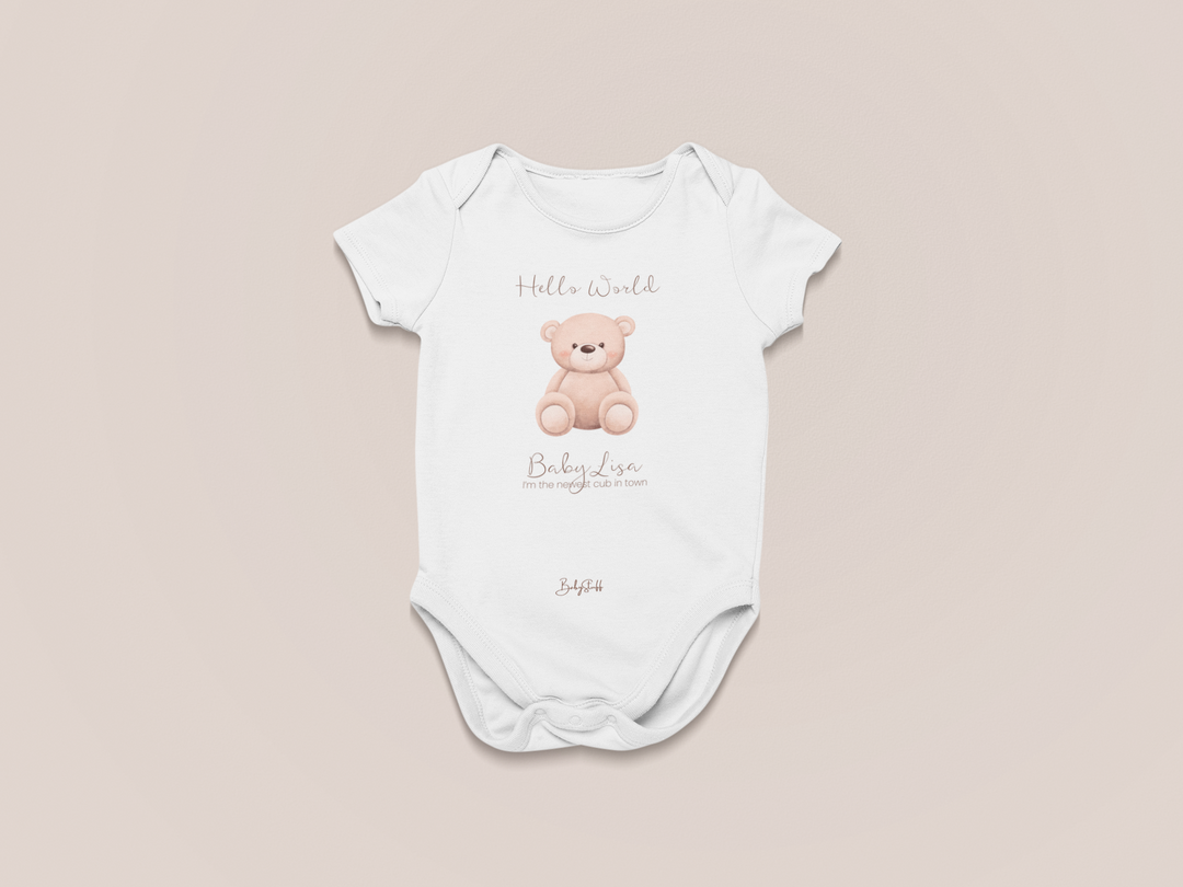 Short sleeve baby grow displaying personalised bear design and phrase "I'm the newest cub in town"