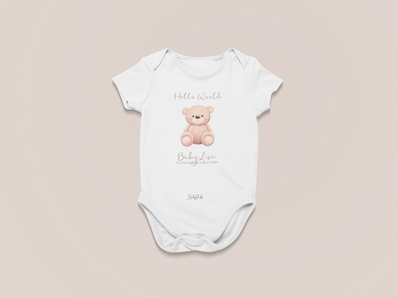 Short sleeve baby grow displaying personalised bear design and phrase "I'm the newest cub in town"