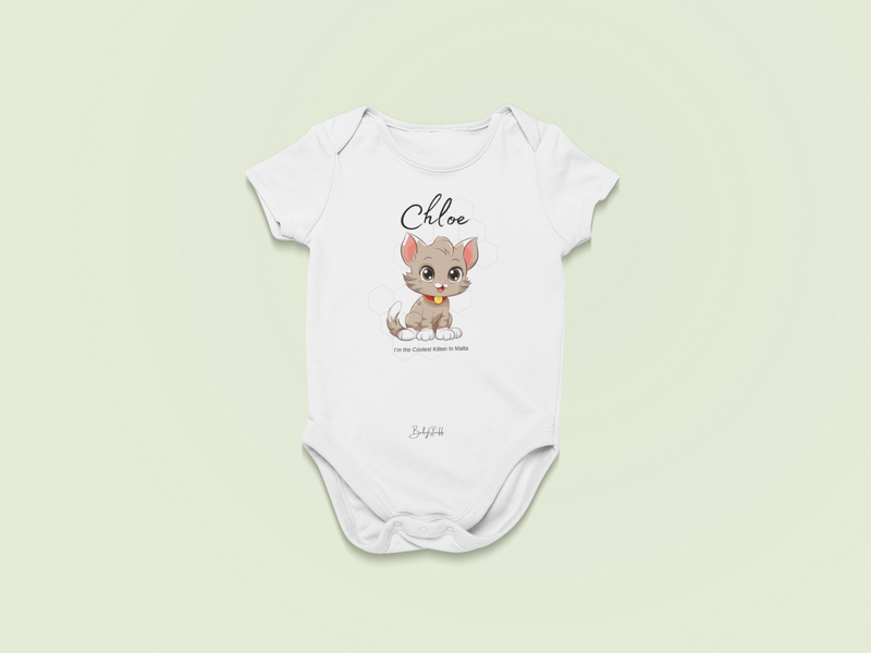 "Chloe: I'm the Coolest Kitten in Malta" Short Sleeve Baby Grow